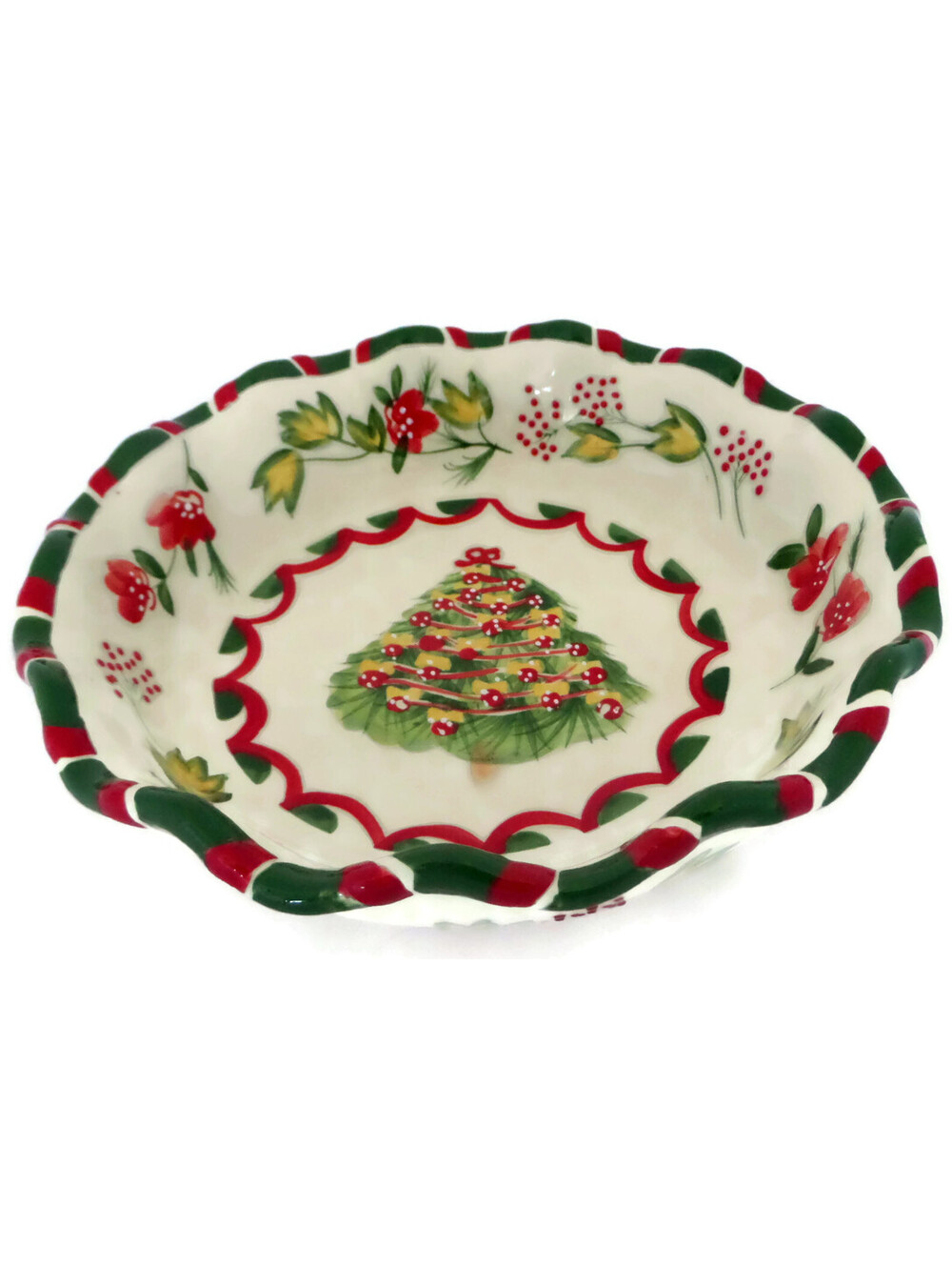 Christmas Tree Serving Bowl Ruffled Green Red Greenbrier Boston Warehouse